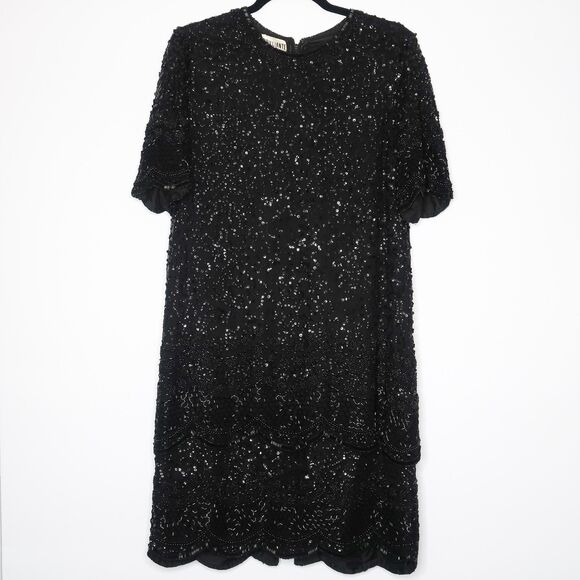 Brilliante by J.A. VINTAGE Dress Size Large 100% Silk Black Shift Sequins Beads - Picture 1 of 10
